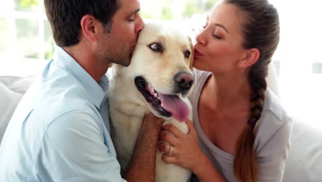 Laughing-couple-petting-their-labrador-dog-on-the-couch