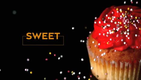 Animation-of-sweet-text-over-cupcake-on-dark-background