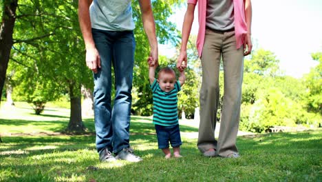 Parents-teaching-their-baby-son-to-walk-on-the-grass