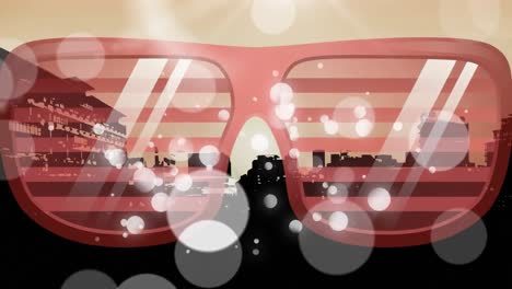 Animation-of-glasses-icon-with-white-spots-over-cityscape