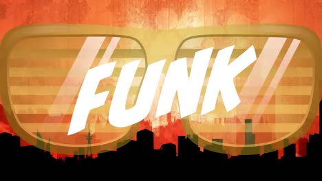 Animation-of-funk-text-over-glasses-and-cityscape