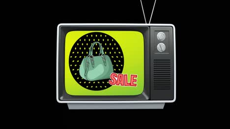Animation-of-sale-text-and-handbag-icon-in-tv-on-black-background