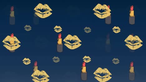 Animation-Von-Lippenstift--Und-Lippensymbolen-Auf-Blauem-Hintergrund