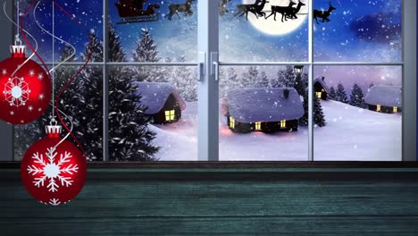 Animation-of-christmas-baubles,-santa-claus-in-sleigh-with-reindeer-over-moon-seen-through-window