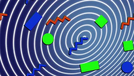 Animation-Wiederholter-Grüner,-Blauer-Und-Roter-Geometrischer-Formen-über-Konzentrischen-Weißen-Kreisen-Auf-Blau