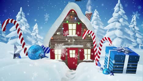 Schneeflocken-Fallen-über-Häuser,-Bäume-Und-Weihnachtsdekorationen-In-Der-Winterlandschaft