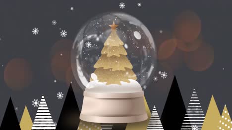 Animation-of-snow-globe-with-christmas-tree-over-snow-falling-and-fir-trees