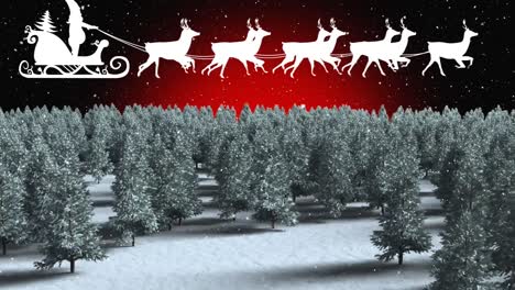 Animation-Des-Weihnachtsmanns-Im-Schlitten-Mit-Rentieren,-Der-Sich-über-Tannenbäume-In-Der-Winterlandschaft-Bewegt