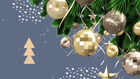 Animation-of-snowflakes-falling-over-baubles-decoration-on-christmas-tree
