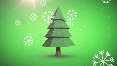 Animation-of-snow-falling-over-chritmas-tree-on-green-background