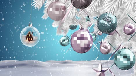 Animation-of-snow-falling-over-christmas-decorations-on-blue-background