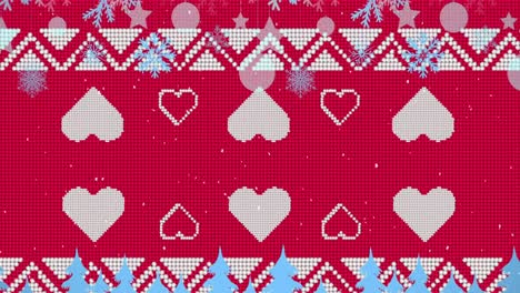 Animation-of-snowflakes-falling-over-traditional-christmas-pattern-and-christmas-trees