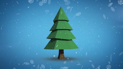 Snowflakes-falling-over-spinning-christmas-tree-icon-against-blue-background