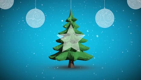 Animation-of-snow-falling-over-chritmas-tree-on-blue-background