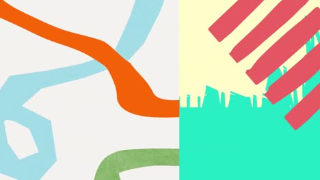 Animation-Von-Blauen,-Grünen-Und-Orangefarbenen-Organischen-Linien-Und-Formen-Auf-Weißem-Und-Gelbem-Hintergrund