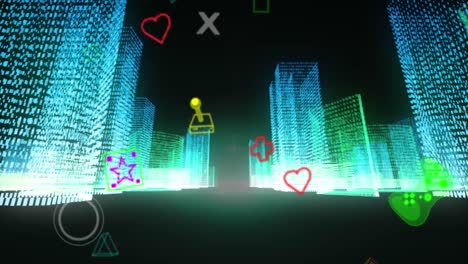 Animation-of-neon-video-game-digital-interface-flickering-over-3d-city-model