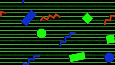 Animation-of-repeated-green,-blue-and-red-geometric-shapes-over-green-and-black-parallel-lines