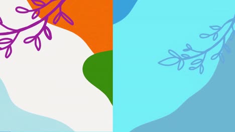 Animation-Von-Blättern-Mit-Grünen,-Orangefarbenen-Und-Blauen-Organischen-Formen-Auf-Geteiltem-Hintergrund