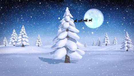 Schnee-Fällt-über-Den-Weihnachtsmann-Im-Schlitten,-Der-Von-Rentieren-über-Bäume-In-Der-Winterlandschaft-Gezogen-Wird