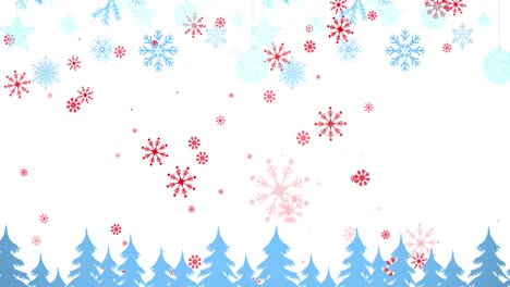 Animation-Von-Schneeflocken,-Die-über-Weihnachtsbäume-Fallen
