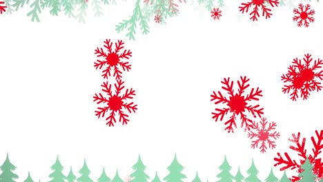 Animation-Von-Schneeflocken,-Die-über-Weihnachtsbäume-Fallen