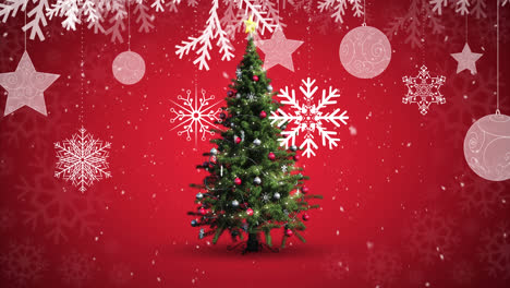 Animation-of-snow-falling-over-chritmas-tree-on-red-background
