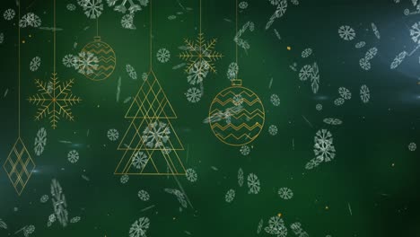 Animation-of-snow-falling-over-christmas-decorations-on-green-background