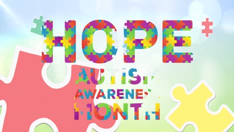 Animation-of-colourful-puzzle-pieces-forming-hope-autism-awareness-month-text-over-sky