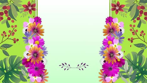 Animation-of-flowers-and-floral-pattern-with-copy-space-on-green-background