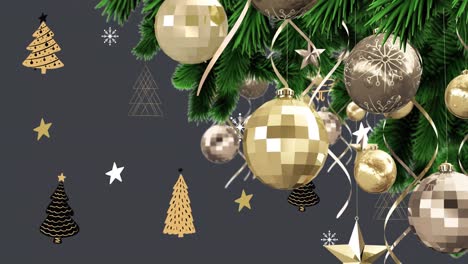 Animation-of-stars-and-christmas-trees-with-baubles-decoration-on-christmas-tree