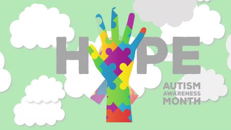 Animation-of-colourful-puzzle-pieces-forming-hand-and-hope-autism-awareness-month-text-over-sky
