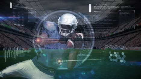Animation-of-dna-strand-and-data-processing-over-american-football-player-in-sports-stadium