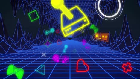 Animation-of-neon-video-game-digital-interface-flickering-over-blue-grid