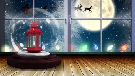 Animation-of-snow-globe,-santa-claus-in-sleigh-with-reindeer-over-moon-seen-through-window