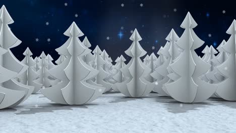 Snowflakes-falling-over-multiple-trees-on-winter-landscape-against-blue-shining-stars-in-night-sky