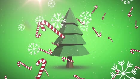 Snowflakes-and-candy-can-icons-falling-over-christmas-tree-icon-and-light-spot-on-green-background