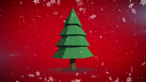 Animation-of-snow-falling-over-chritmas-tree-on-red-background