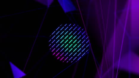 Animation-of-purple-shapes-over-green-and-purple-lines-in-circle,-moving-on-black-background