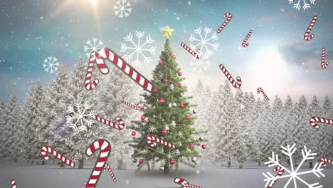 Animación-De-Nieve-Cayendo-Y-Bastones-De-Caramelo-Sobre-El-árbol-De-Navidad-En-El-Paisaje-Invernal