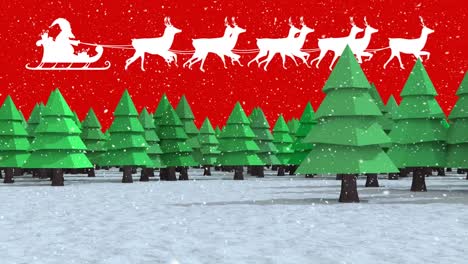 Animation-of-santa-claus-in-sleigh-with-reindeer-moving-over-fir-trees-winter-landscape