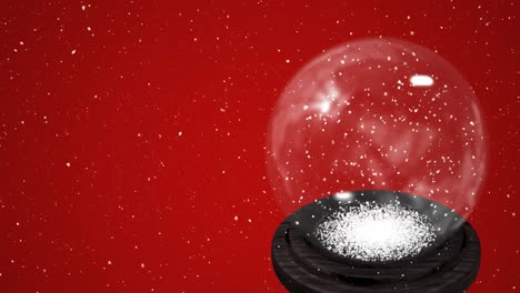 Animation-of-snow-falling-over-christmas-snow-globe-with-copy-space-on-red-background