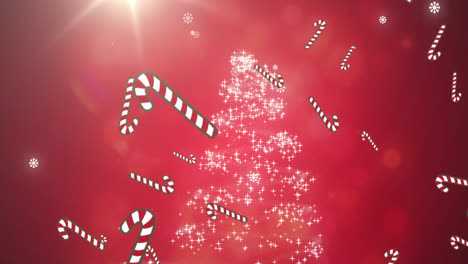 Animation-Von-Zuckerstangen-Und-Schneeflocken,-Die-über-Den-Weihnachtsbaum-Fallen