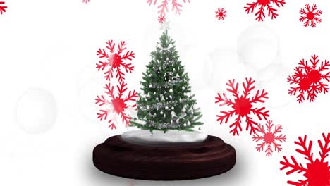 Animation-of-snow-globe-with-christmas-tree-over-snow-falling-and-shooting-star