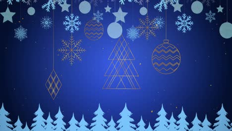Hängende-Dekorationen-Und-Weihnachtsbaumsymbole-Vor-Weißen-Partikeln,-Die-über-Blauem-Hintergrund-Schweben