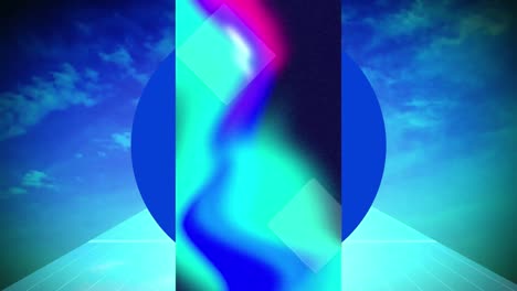 Animation-of-blue-and-pink-forms-on-vertical-screen,-over-blue-circle-and-sky