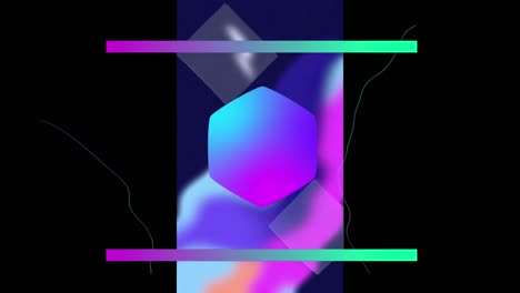 Animation-Grüner-Und-Violetter-Linien-Mit-Sechsecken-Und-Formen-Im-Vertikalen-Bildschirm-Auf-Schwarzem-Hintergrund