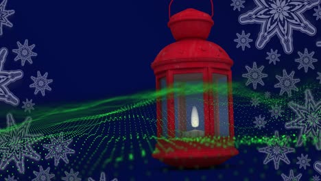 Green-digital-wave-and-multiple-stars-icons-over-hanging-red-christmas-lamp-against-blue-background