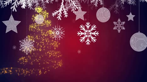 Animation-Des-Sternschnuppen-Weihnachtsbaums-Mit-Dekorationen-Und-Fallendem-Schnee