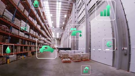 Animation-of-network-of-eco-and-environmentally-friendly-icons-over-warehouse