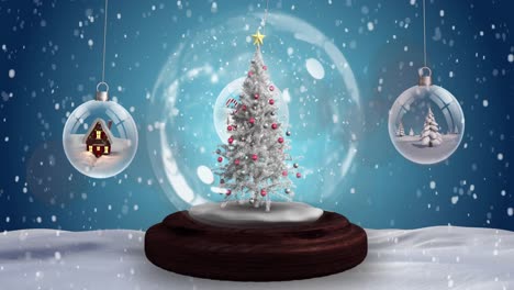 Animation-of-snow-globe-with-christmas-tree-and-christmas-baubles-over-snow-falling